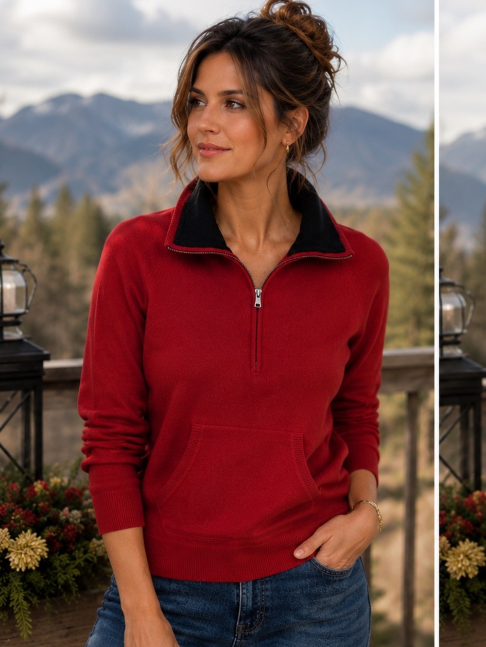 Old money Women’s Polo LRL Ralph Lauren Red 1/2 Zip Sweater w pouch 100% cotton